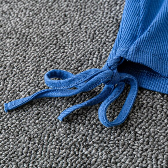 Blue Short Sleeve Women's Tee T-shirt ribbed top side string tie v neck - Picture 3 of 3